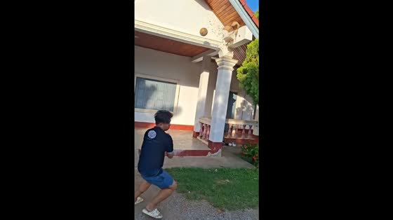 Man kicks ball at wasp nest in Luang Prabang, Laos