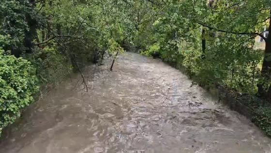 Mödlingbach brook nears overflow after heavy rain in Mödling, Austria