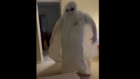 Husband in deflated Baymax costume in funny video