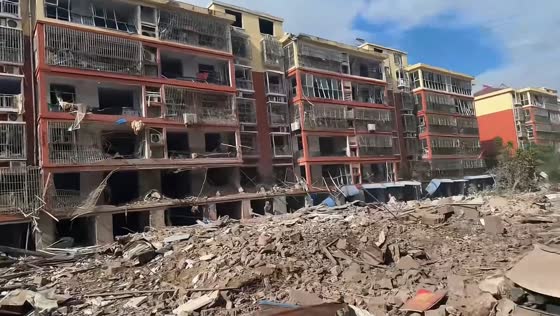 Buildings and courtyards damaged in aftermath of explosion in Linyi, Shandong, China