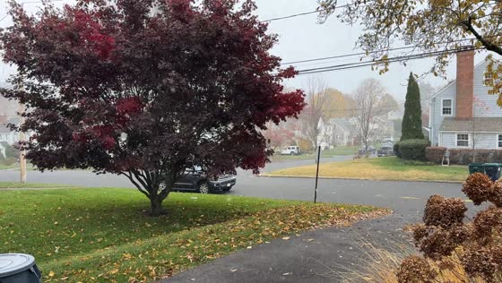 Snowfall blankets streets and rooftops in Fairfield, Connecticut