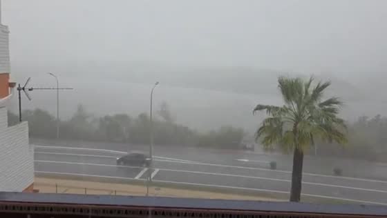 Intense rainfall at Portil Lagoon in El Portil, Huelva, Spain