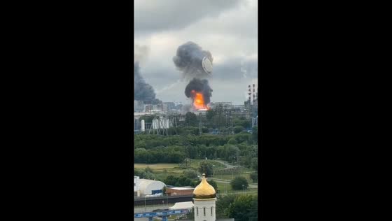 Major fire burns at Moscow Oil Refinery after drone attack, Moscow, Russia