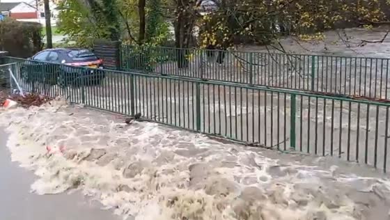 Bridge flooded in Machen, Wales, UK