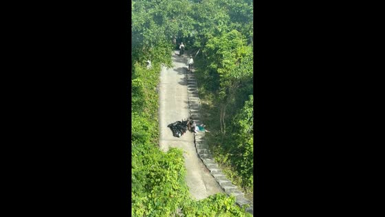 Motorcycle rolls backward on steep hill, knocking down bystander in Surat Thani, Thailand
