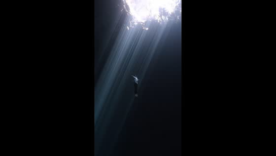 Freediving with sunbeams in a cenote in Tulum, Mexico
