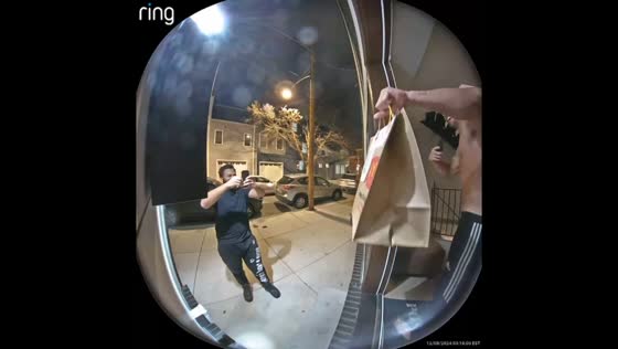 Delivery guy and customer take selfies together in Philadelphia, USA
