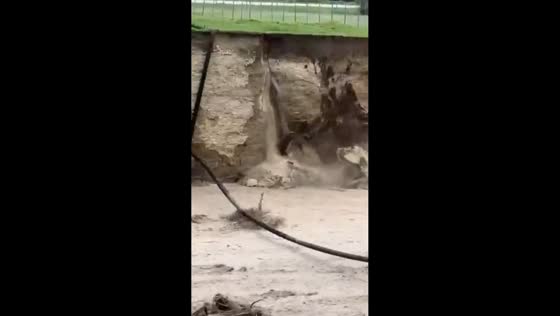 Landslide damages gas line after reservoir overflow in Gubden, Dagestan, Russia