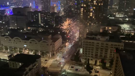 Dodgers celebration fireworks in downtown Los Angeles, California, USA