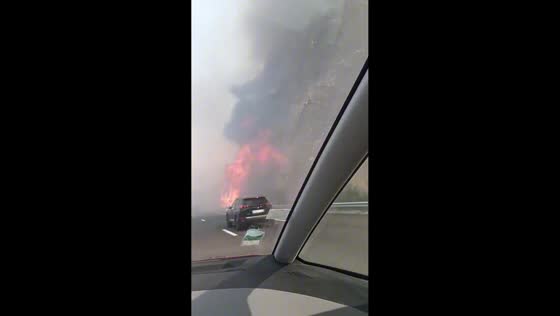 Motorists drive past fast-moving wildfire near Carcassonne, France