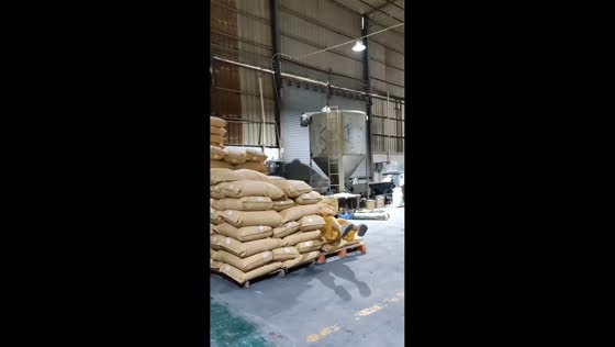 Woman loses balance while lifting a sack and falls onto stacked sacks in Guangdong, China