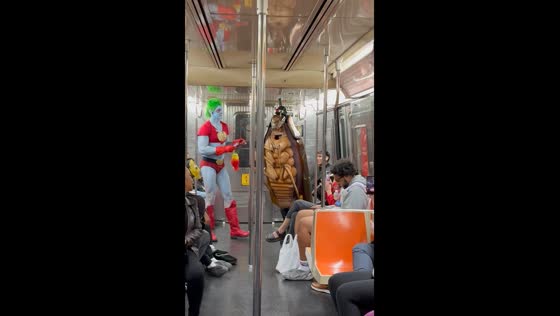 Halloween costumes on a New York subway train