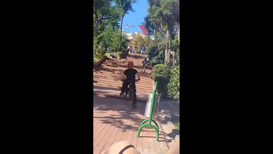Cyclist crashes into trash bin after stair descent in Beijing, China
