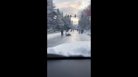 Slippery roads after snowfall in Gansu Province, China