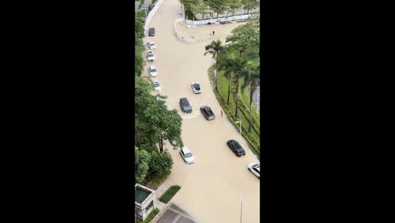 Floodwaters submerge vehicles along a road in Guangdong, China