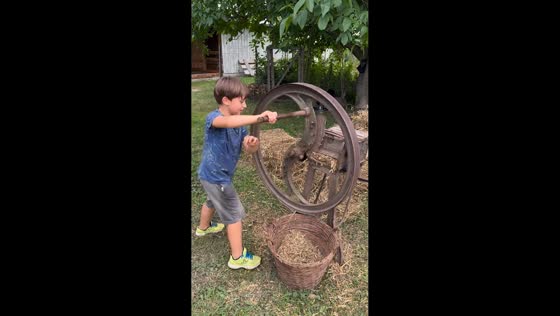 Boy prepares straws using old cornice in Suceava, Romania