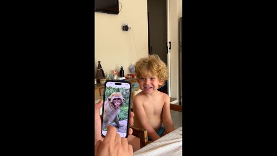 Boy bursts into laughter after phone prank swaps his photo with a monkey in Belo Horizonte, Brazil