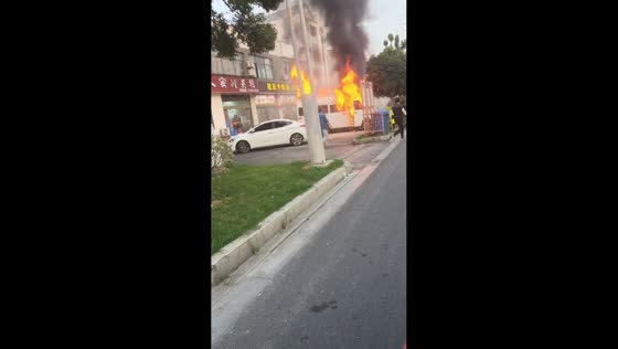 Massive van fire triggers small explosion in Jiangsu, China