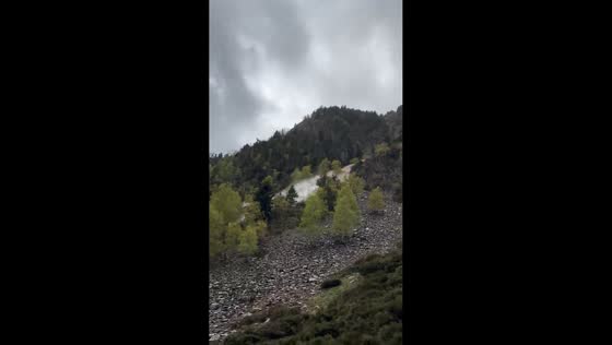 Avalanche rushes down mountainside near Alós d’Isil in Catalan Pyrenees, Spain