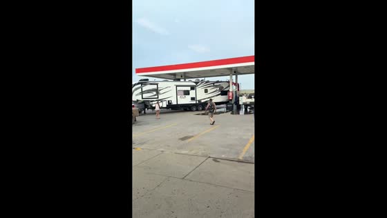Trailer appears stuck at gas station in Alexander, North Dakota