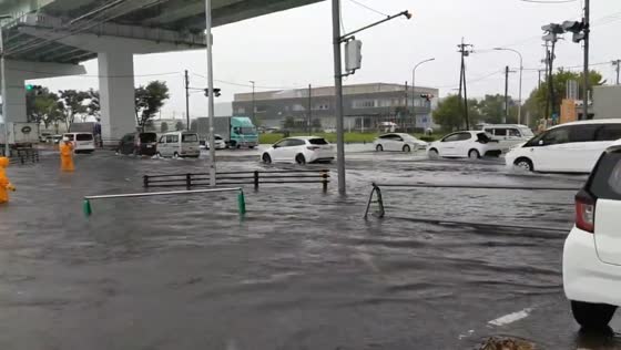 Heavy flooding submerges road in Sendai, Japan