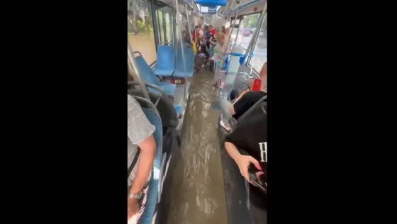 Flooded bus in Moscow after heavy rainfall