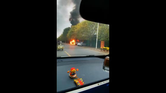 Hybrid vehicle engulfs in flames on roadside in Hebei, China