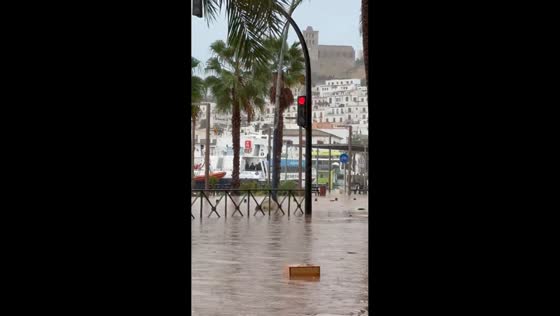 Flooded streets after Hurricane Gabrielle in Ibiza, Spain