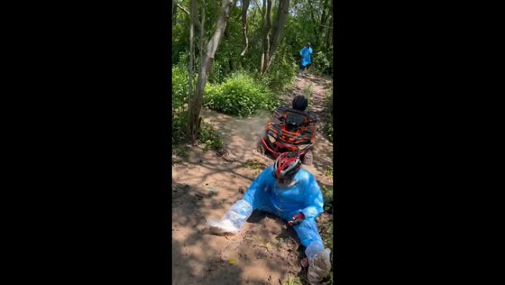 ATV gets stuck in stream during forest ride in Zhejiang, China