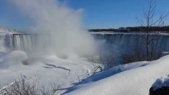 Horseshoe Falls partially frozen during extreme cold in Niagara Falls, New York, USA