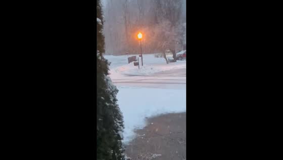 Streetlights glow as heavy, wet snow falls in Louisville, Kentucky, USA
