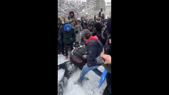 Snowball fight breaks out during NYC blizzard in New York, USA