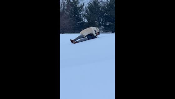 Husband and golden retriever slide down snowy hill in Bel Air, Maryland, USA