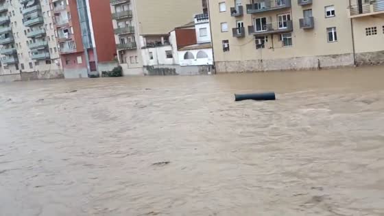 Onyar River swells rapidly during Storm Harry in Girona, Catalonia, Spain