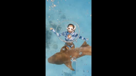 Freediver captures shark passing over bubble ring in Maldives