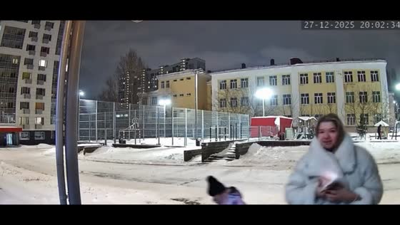 Woman slips on snowy sidewalk in Amsterdam, Netherlands