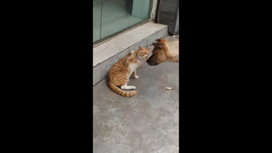 Cat playfully taps dog after friendly nose-to-nose encounter in Sichuan, China