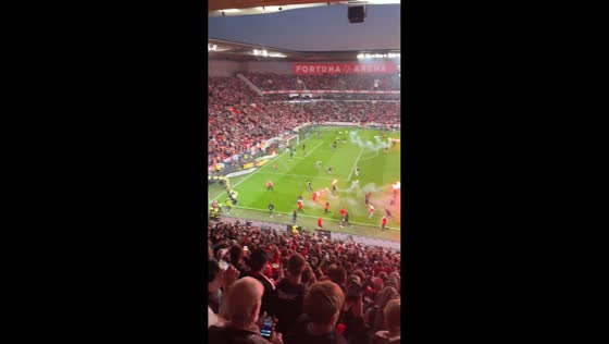 Fans flood football pitch during celebrations in Prague, Czech Republic