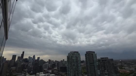 Mammatus clouds form over downtown Chicago during unstable weather in Illinois, USA