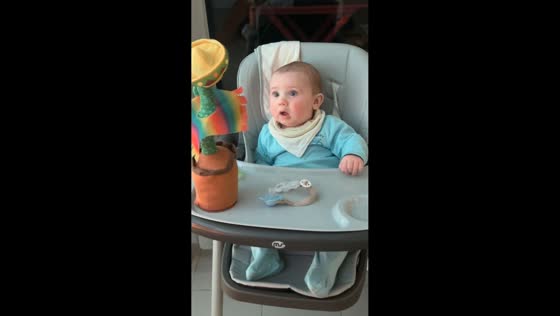 Baby amazed by talking cactus toy in Saint-Gaudens, France