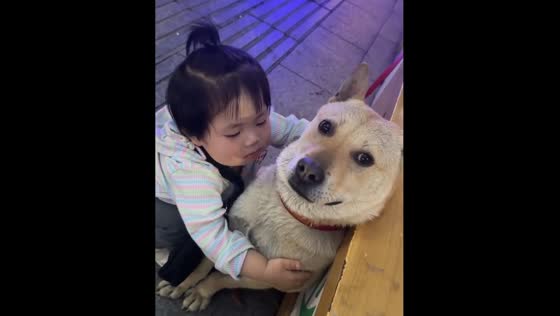Baby plays with dog in Guangdong, China