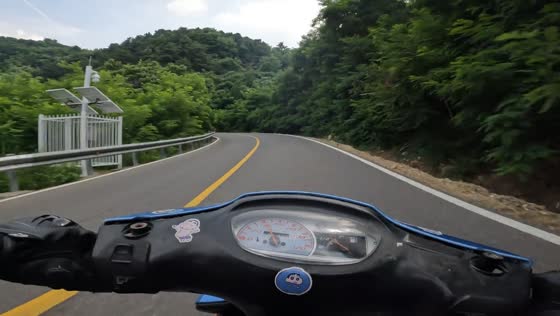 Motorcyclist crashes into guardrail on curved road in Shandong, China