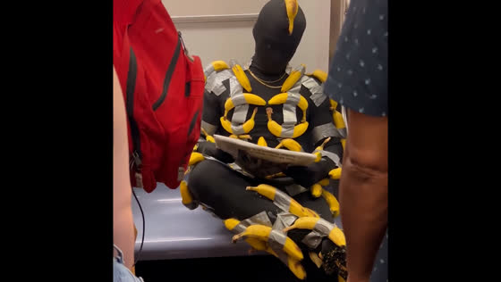 Person wears banana-covered outfit on subway in NYC