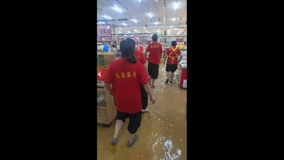 Floodwater inundates Huijia supermarket in Fujian, China