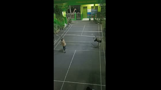 Man accidentally trips and tears tennis net during intense match 