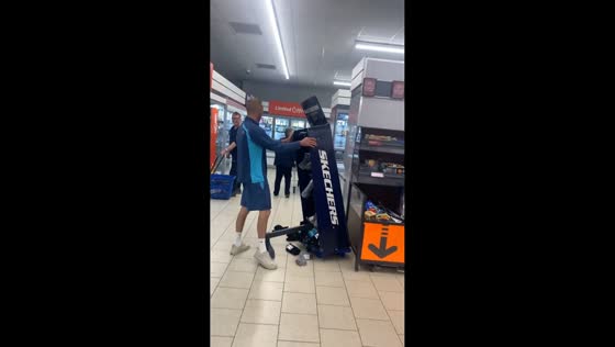 Sock display collapses in supermarket mishap in Newcastle, England, UK