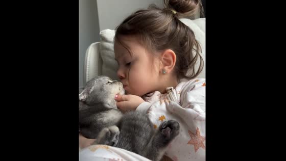 Girl hugs and kisses cat in sweet moment with baby in İstanbul