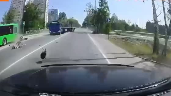 Motorcyclist hospitalized after crashing into bus while avoiding truck in Tyumen