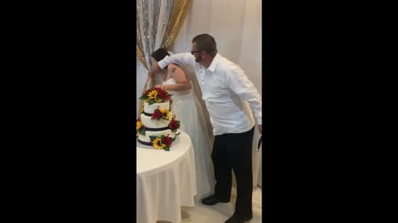 Groom surprises bride during cake-cutting at wedding in Chatsworth, Georgia, USA