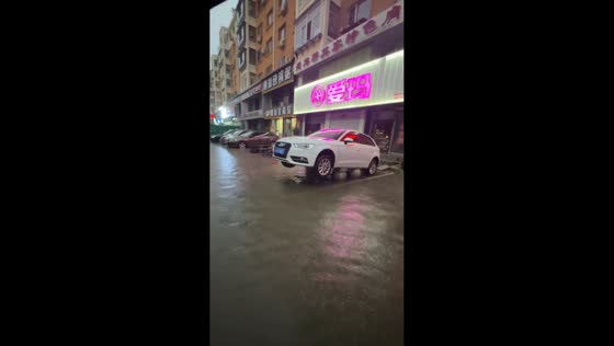 Audi parked on concrete bollards above flooded parking lot in Liaoning, China